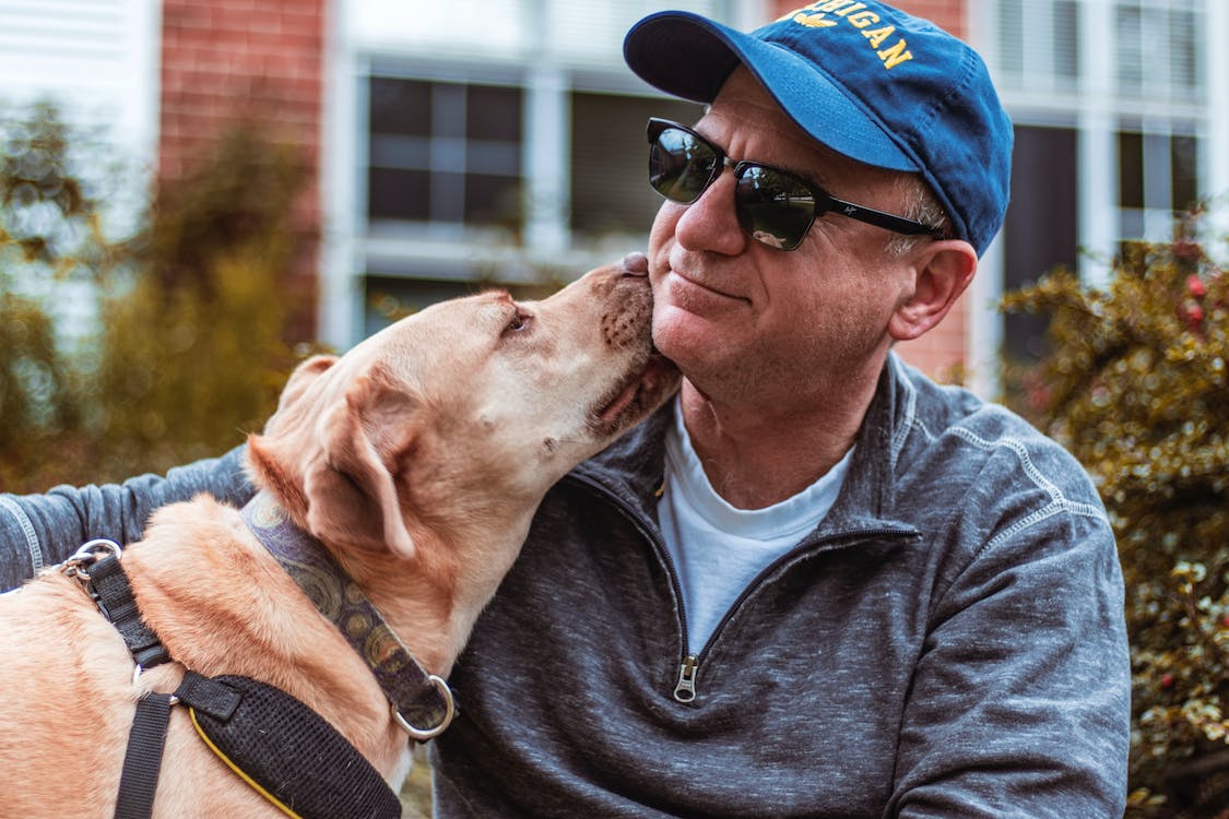 a man is kissing his dog on the nose